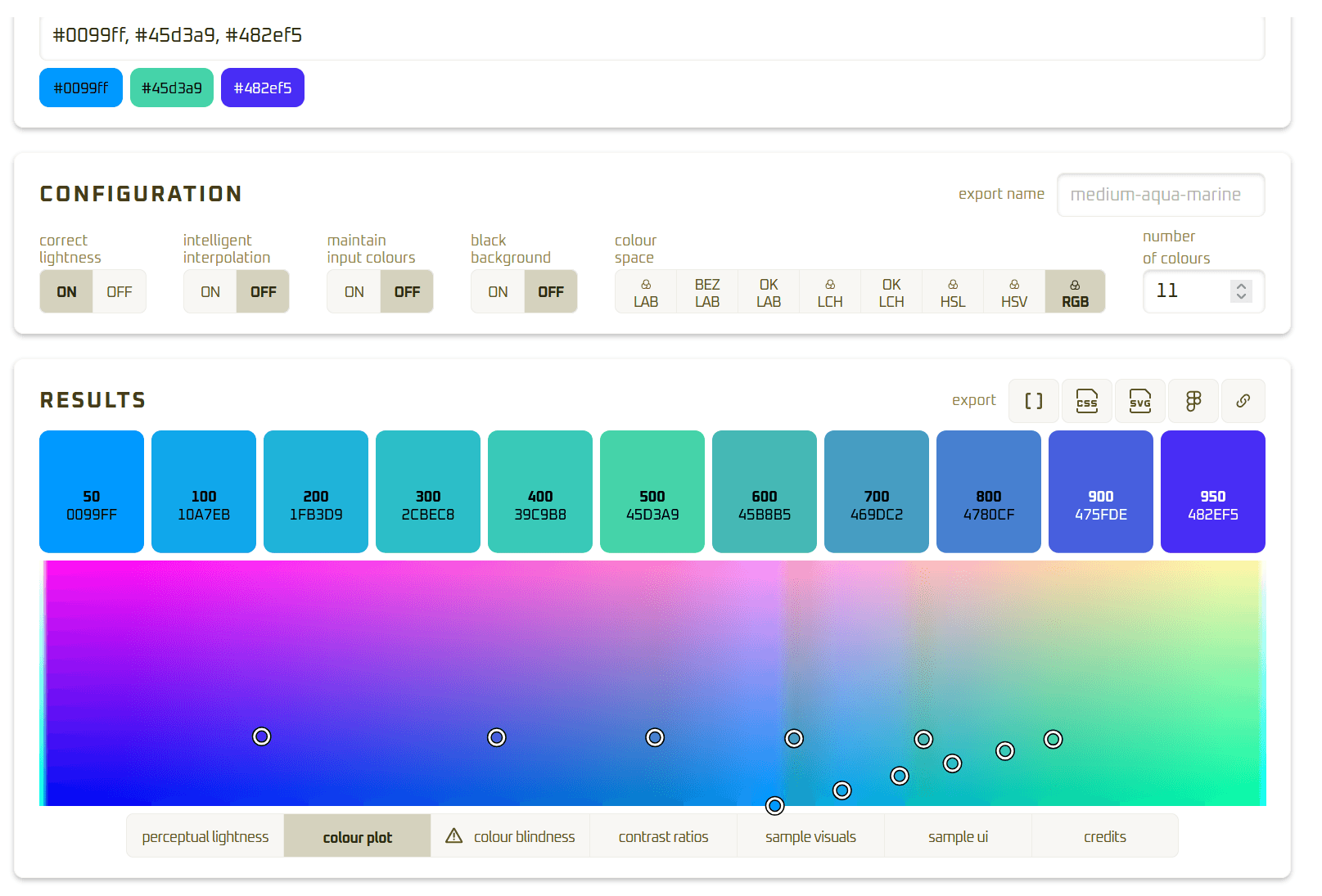 a mesma paleta de cores anterior, mas no sistema de cores RGB