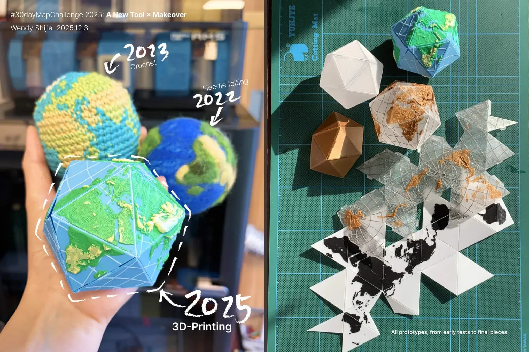 a esquerda os projetos de globo feitas pela autora em anos anteriores (crochê, needle felting e impressão 3d). a direita os prototipos do projeto atual