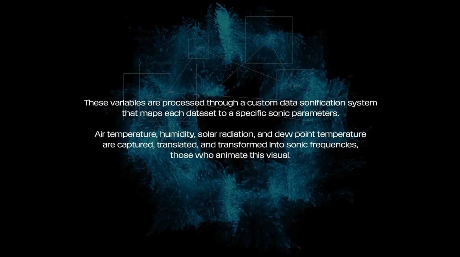 Uma parte do video do projeto. o texto traduzido: Essas variáveis ​​são processadas por meio de um sistema de sonificação de dados personalizado que mapeia cada conjunto de dados para parâmetros sonoros específicos. A temperatura do ar, a umidade, a radiação solar e a temperatura do ponto de orvalho são capturadas, traduzidas e transformadas em frequências sonoras, que animam este visual.