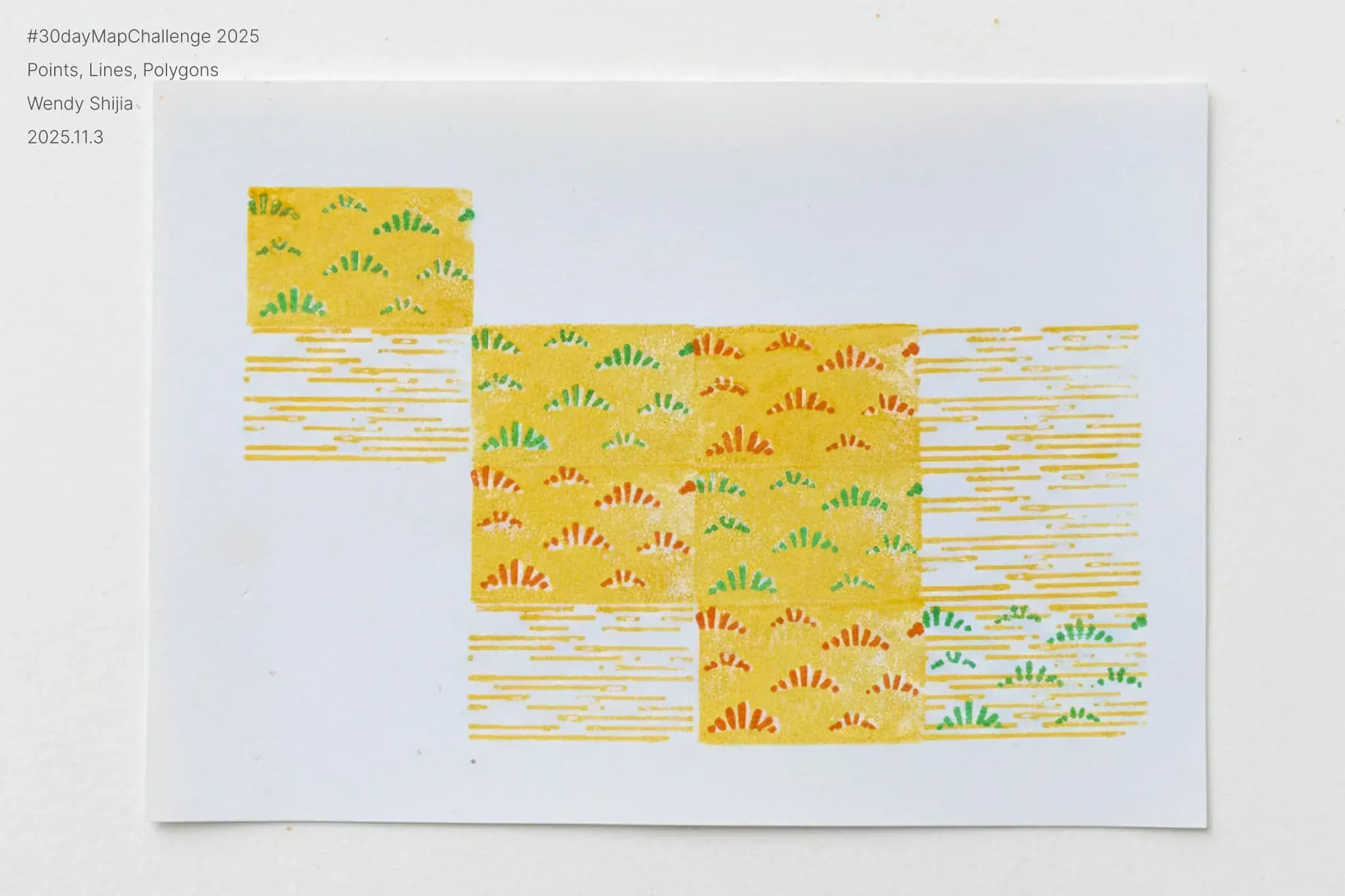 um exemplo da sobreposição dos carimbos, com diferentes cores de grama (vermelho e verde) e texturas de terra e água em amarelo