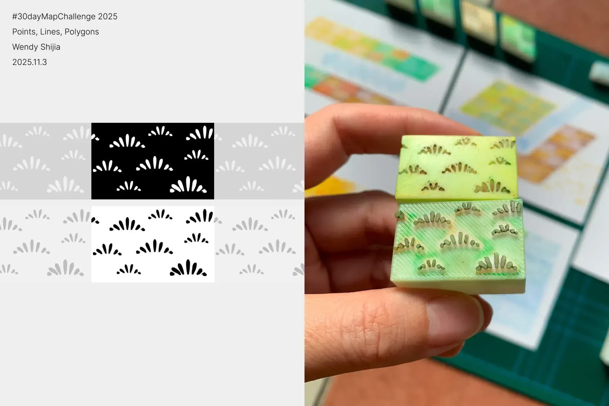 um exemplo da sobreposição dos carimbos, com diferentes cores de grama (vermelho e verde) e texturas de terra e água em amarelo