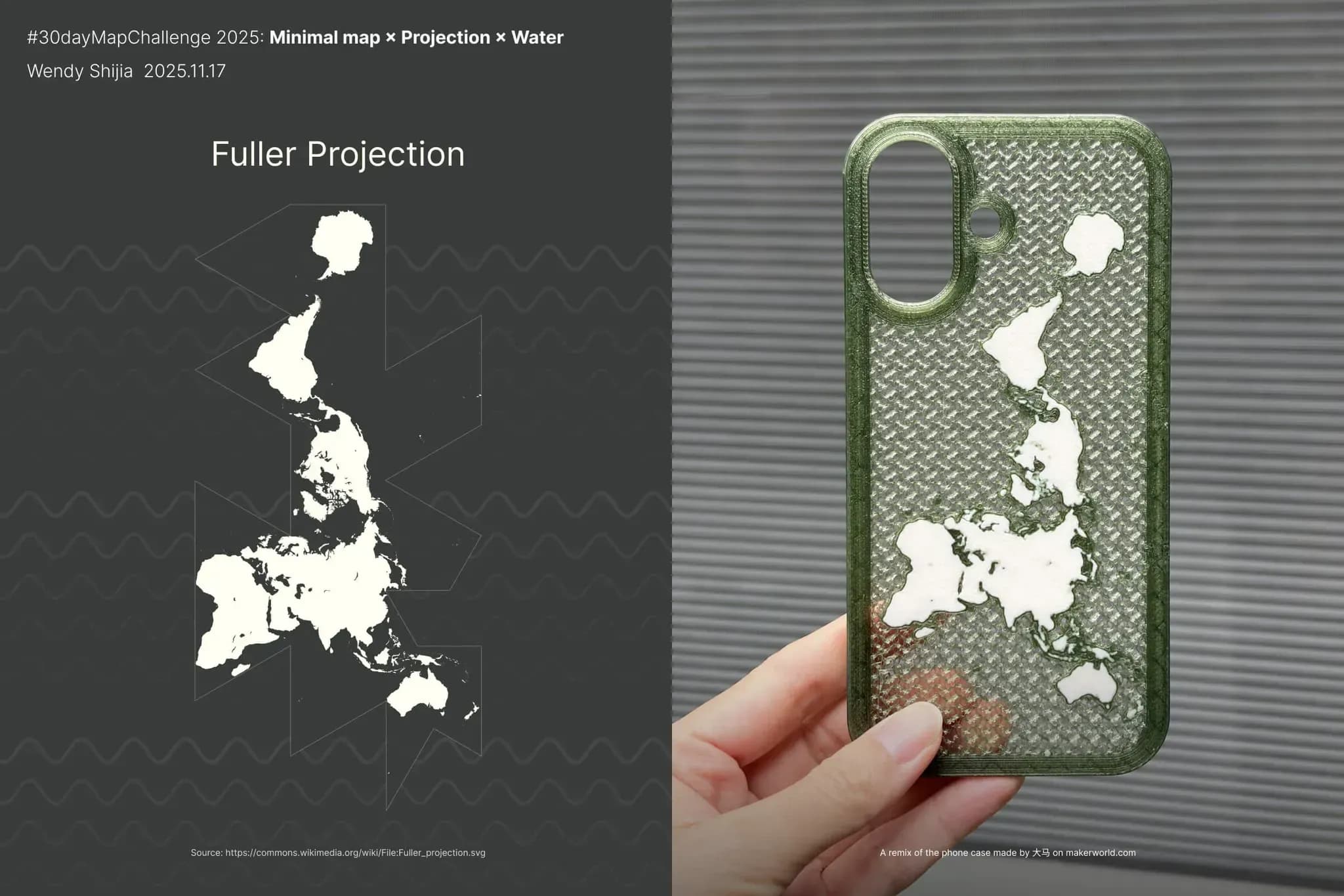 a projeção de fuller, com o projeto final impresso ao lado