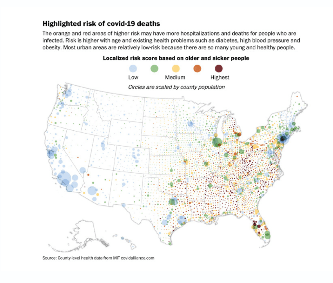 Exemplos de mapa de bolhas encontrados no artigo de scrollytelling How a surge of coronavirus patients could stretch hospital resources in your area.