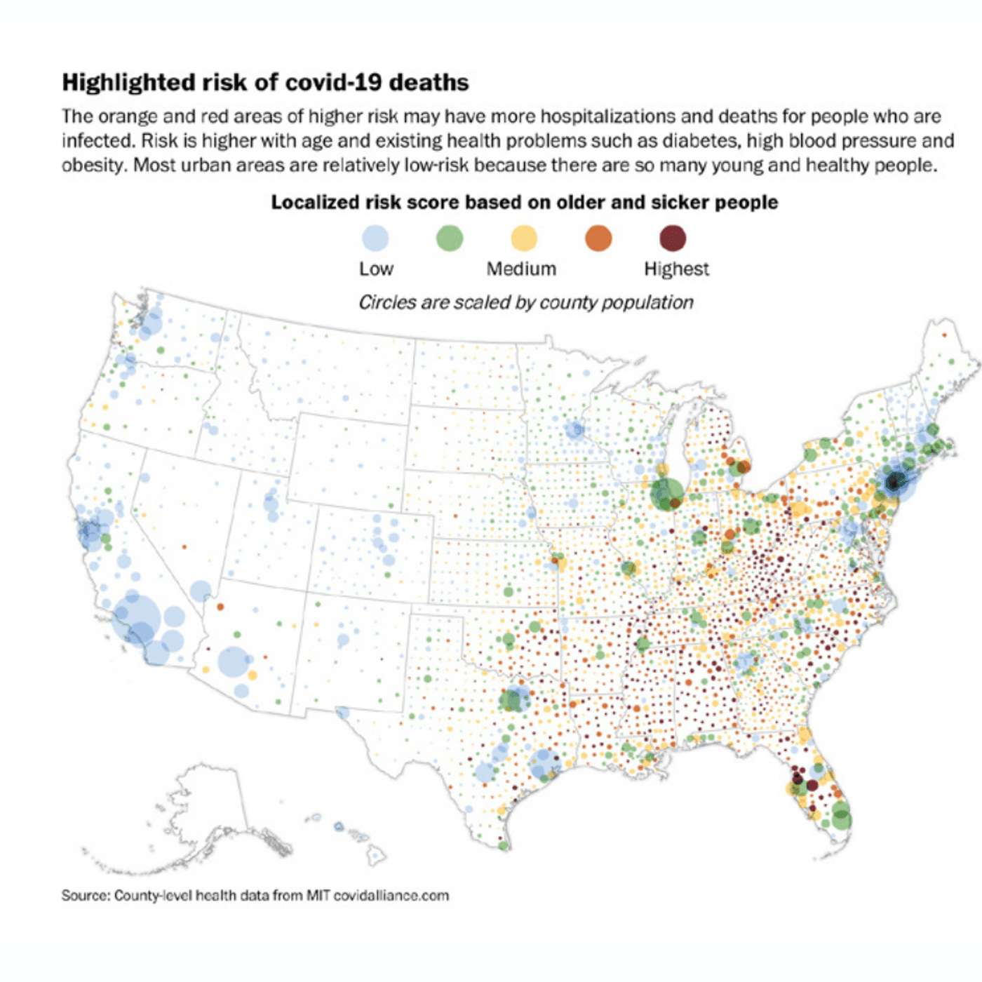 Exemplos de mapa de bolhas encontrados no artigo de scrollytelling How a surge of coronavirus patients could stretch hospital resources in your area.