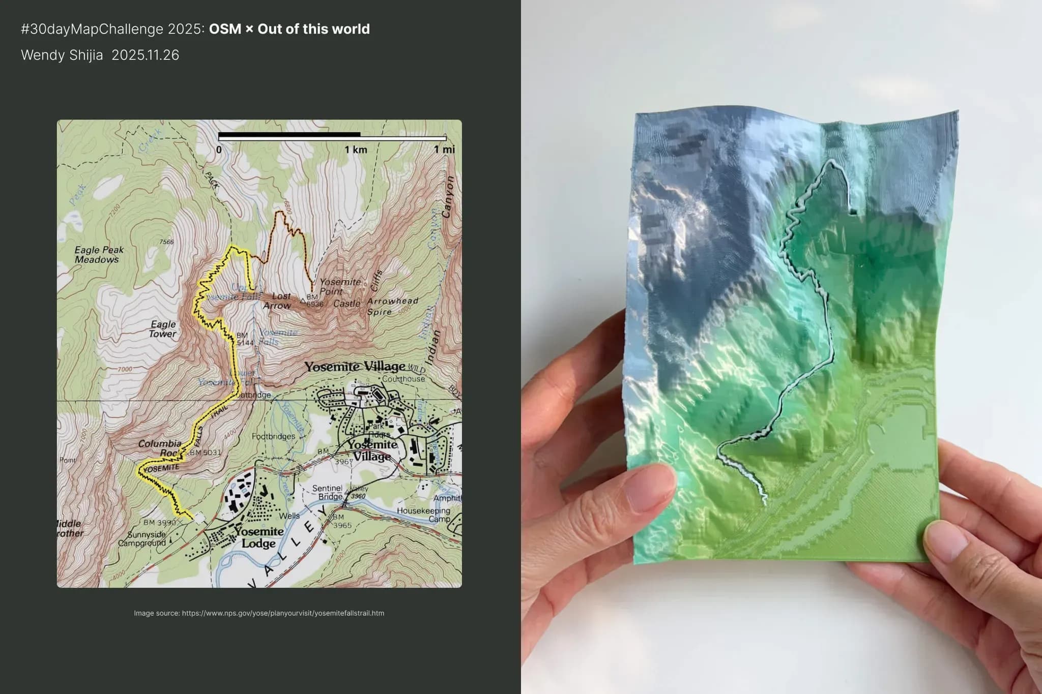 o mapa topografico da trilha, ao lado o projeto final impresso em 3d